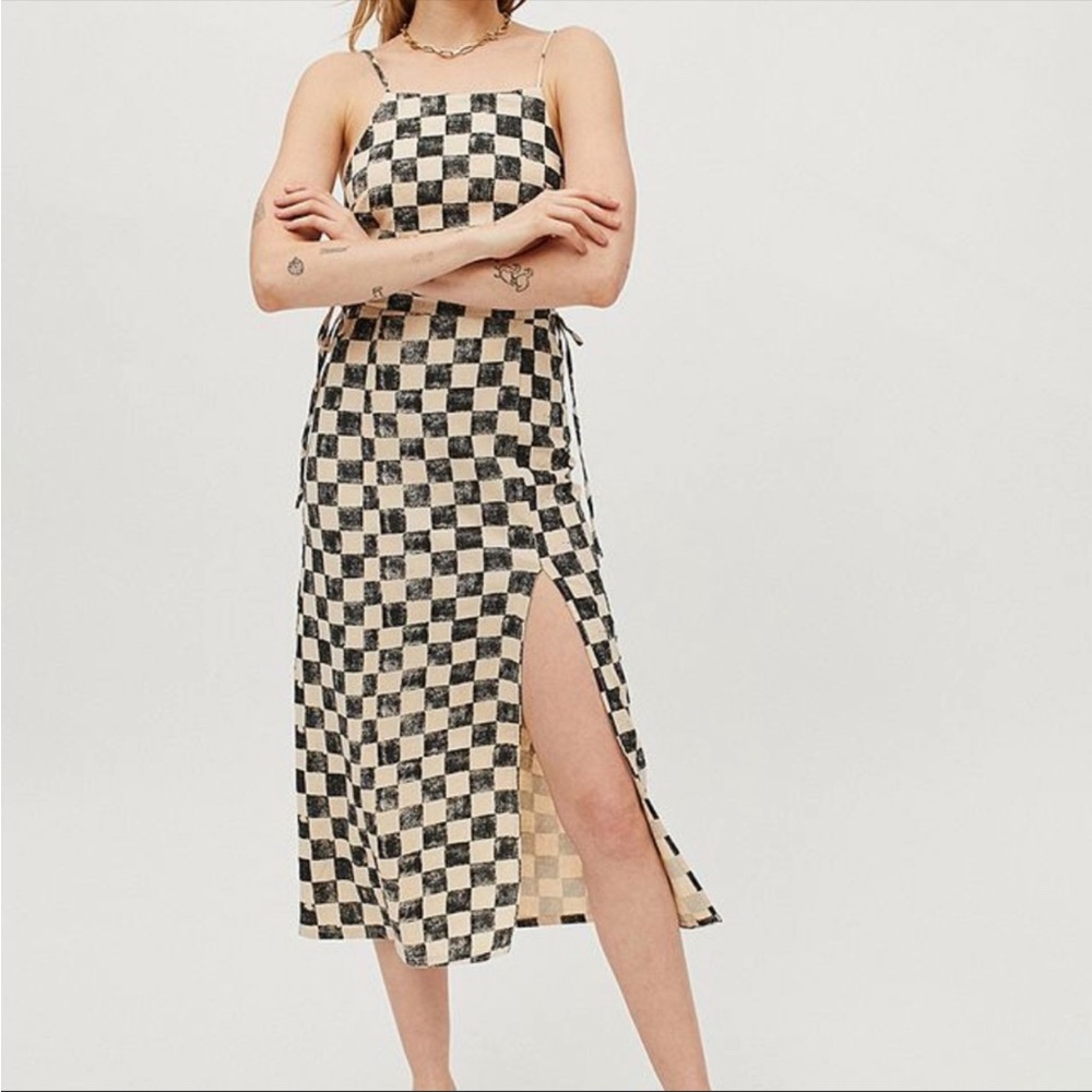 Urban Outfitters Valerie Check Linen Tie Side Midi Dress